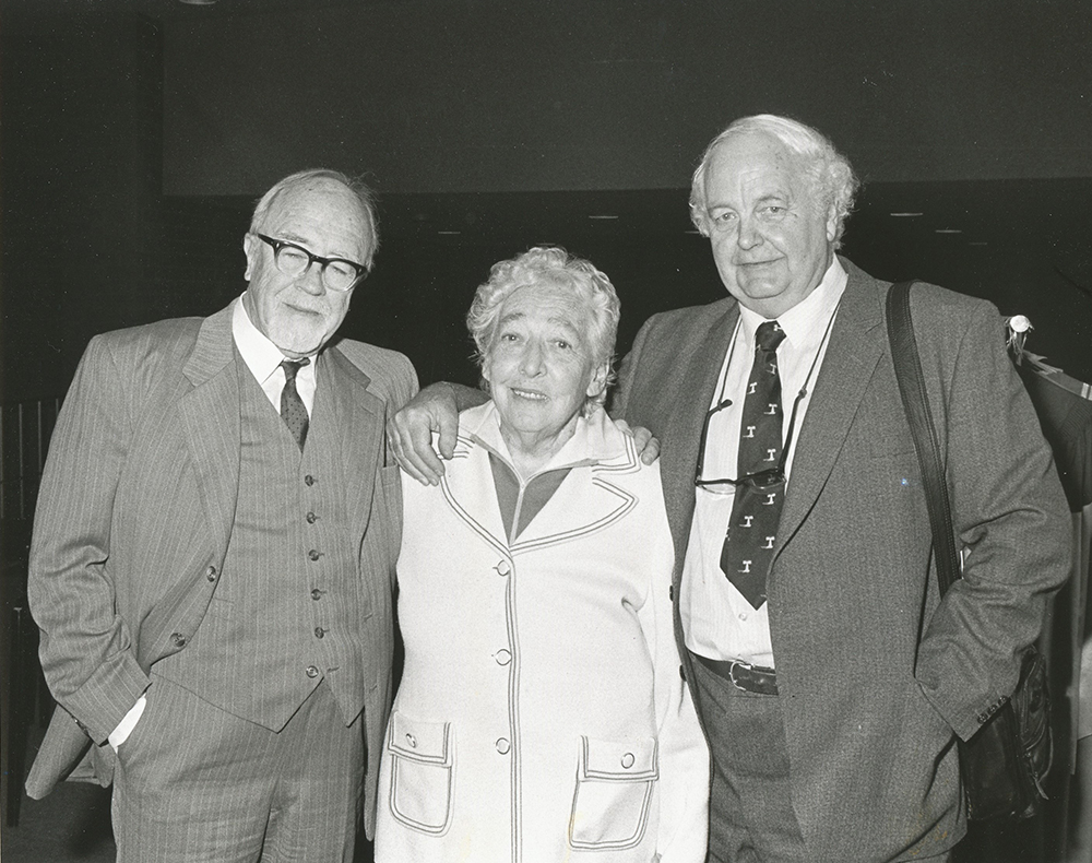 Clem Christesen and Stephen Murray-Smith with Kylie Tennant at Monash University, 1975 (University of Melbourne Archives, Baillieu Library)